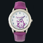 Cute Peeking Purple Kitty Cat Name Kids Watch<br><div class="desc">Is that the time?! Make time keeping fun with this cute peeking purple kitty cat wristwatch featuring your child's name.</div>