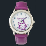 Cute Peeking Purple Kitty Cat Name Kids Watch<br><div class="desc">Is that the time?! Make time keeping fun with this cute peeking purple kitty cat wristwatch featuring your child's name.</div>