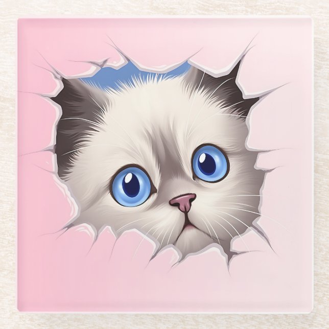 Cute Peeking Ragdoll Cat Glass Coaster (Front)