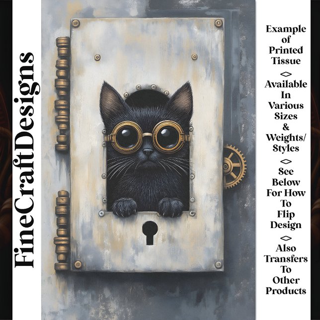 Cute Peeking Steampunk Black Kitten AP3 Decoupage Tissue Paper (Creator Uploaded)