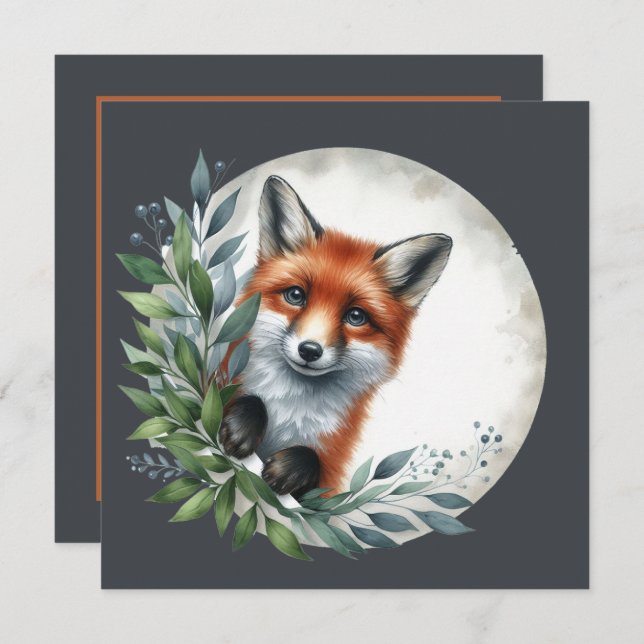Cute peeking woodland fox party invitation (Front/Back)