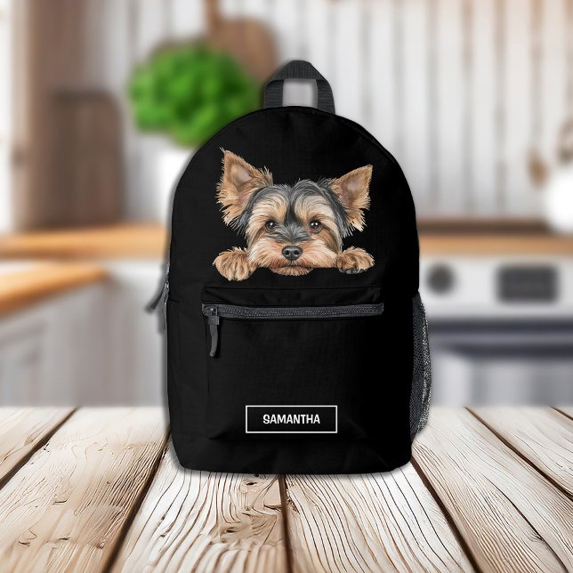 Cute Peeking Yorkie on Black with Name Printed Backpack (Creator Uploaded)