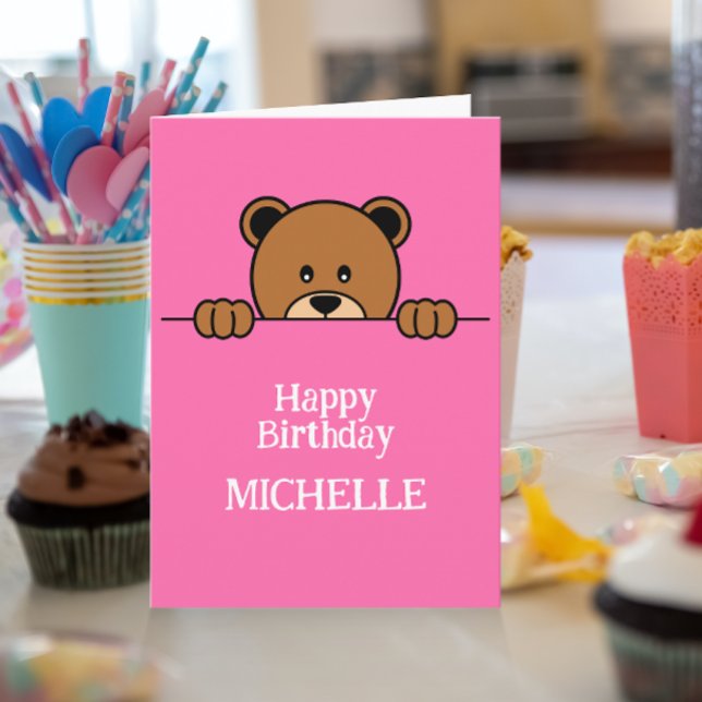 Cute Peeping Bear Cartoon Happy Birthday Pink Card (Creator Uploaded)
