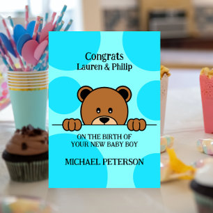 Cute Peeping Bear Cartoon Polka Dot Blue Invitation