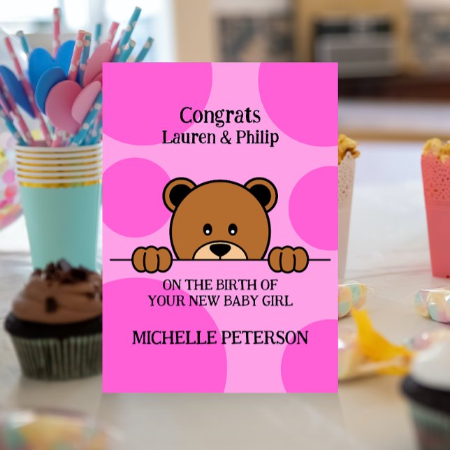 Cute Peeping Bear | Cartoon | Polka Dot | Pink Invitation (Creator Uploaded)