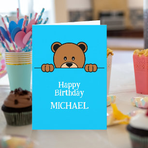 Cute Peeping Bear   Simple Cartoon on Blue Card