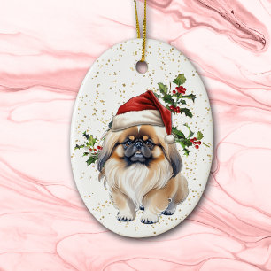 Cute Pekingese Dog Christmas Holly Ceramic Ornament