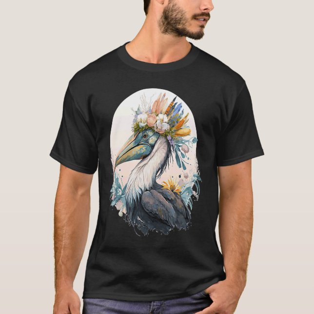 Cute Pelican Bird Flower Crown Floral Birds T-Shirt (Front)