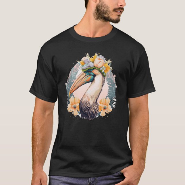 Cute Pelican Bird Flower Crown Floral Seabirds T-Shirt (Front)