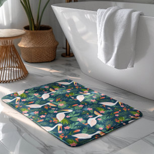 Cute pelicans colorful tropical flowers pattern bath mat