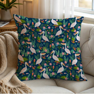 Cute pelicans colorful tropical flowers pattern cushion