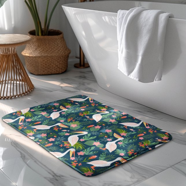 Cute pelicans colourful tropical flowers pattern bath mat (Creator Uploaded)