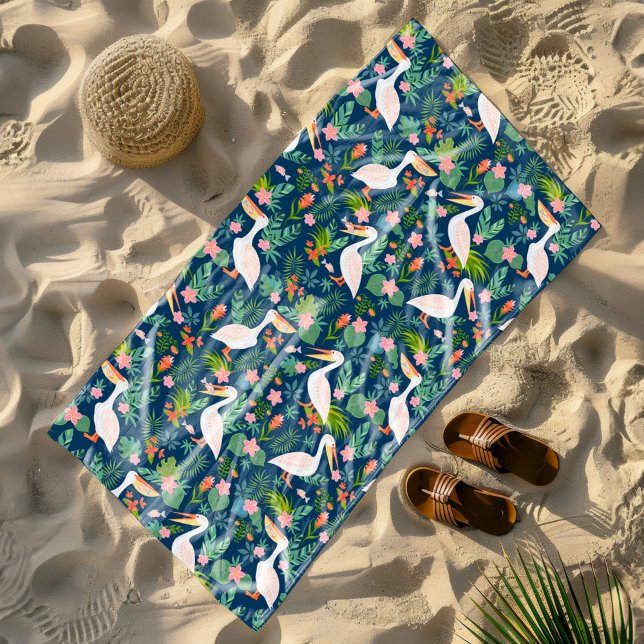 Cute pelicans colourful tropical flowers pattern beach towel (Creator Uploaded)