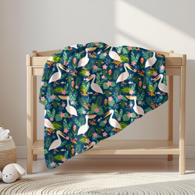 Cute pelicans colourful tropical flowers pattern fleece blanket (Creator Uploaded)