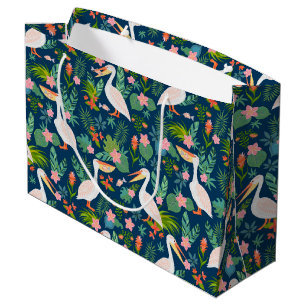 Cute pelicans colourful tropical flowers pattern large gift bag