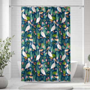 Cute pelicans colourful tropical flowers pattern shower curtain