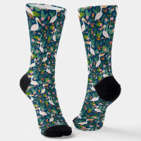 Cute pelicans colourful tropical flowers pattern