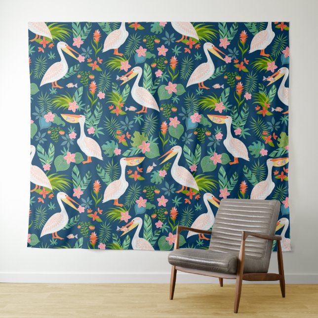 Cute pelicans colourful tropical flowers pattern tapestry (In Situ (Horizontal))