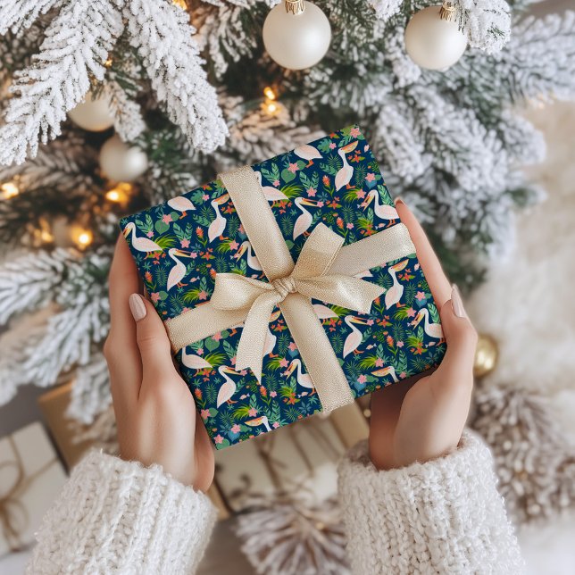 Cute pelicans colourful tropical flowers pattern wrapping paper (Creator Uploaded)