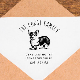 Cute Pembroke Corgi Family Name Return Address Rubber Stamp