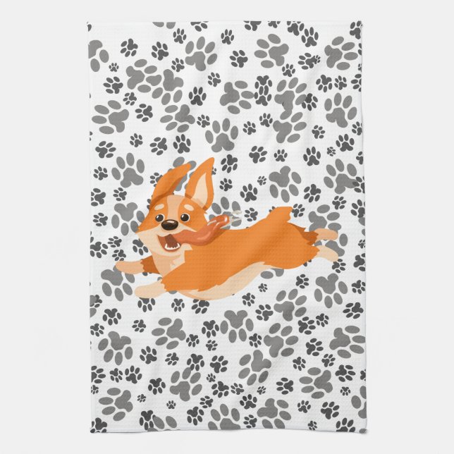 Cute Pembroke Welsh Corgi Tea Towel (Vertical)