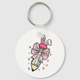 Cute Pencil Coquette Bow Bunny Easter Day Teacher Key Ring