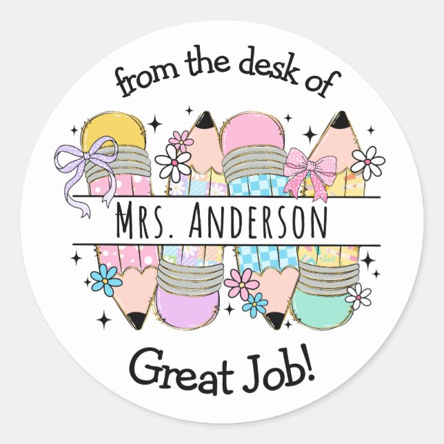 Cute Pencil School Teachers Name Classic Round Sticker (Front)