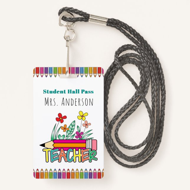 Cute Pencils Student Hall Pass ID Badge (Front with Lanyard)