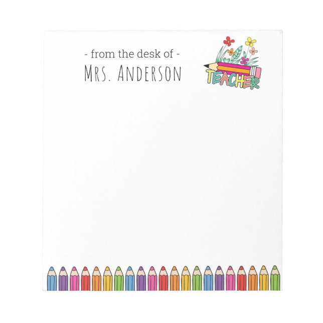 Cute Pencils Teacher Name Notepad (Front)