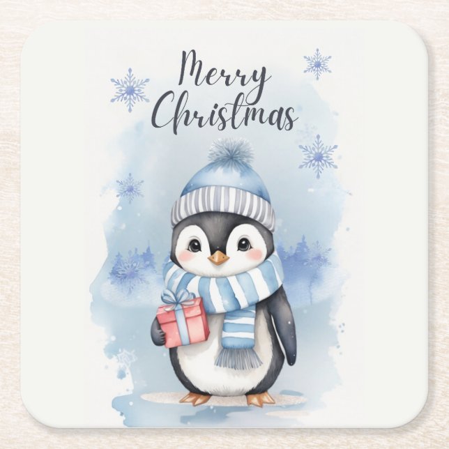 "Cute Penguin 2" Square Paper Coaster (Front)