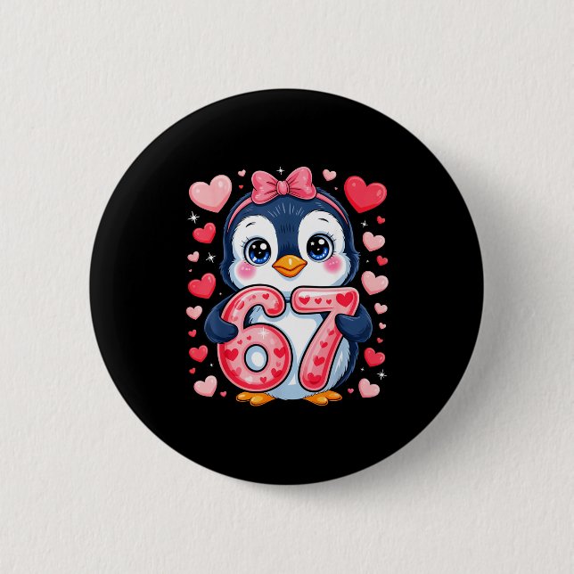 Cute Penguin 67 Six Seven Valentine Hearts 6 7 Mem 6 Cm Round Badge (Front)