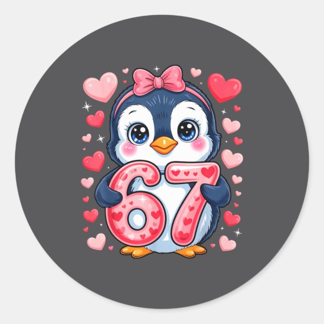 Cute Penguin 67 Six Seven Valentine Hearts 6 7 Mem Classic Round Sticker (Front)