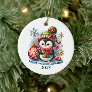 Cute penguin add date and message Christmas Ceramic Ornament