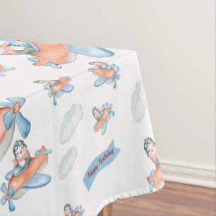 Cute Penguin Aeroplane Birthday Party Tablecloth
