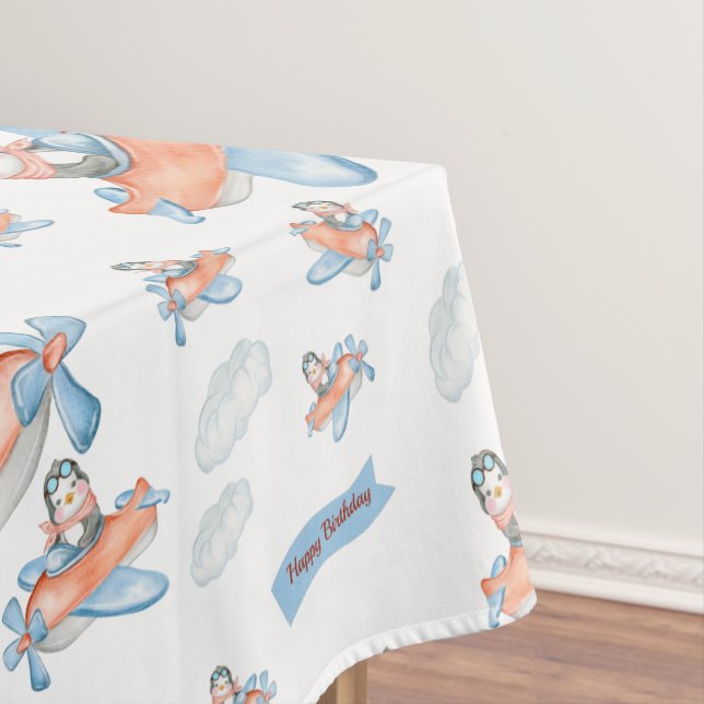 Cute Penguin Aeroplane Birthday Party Tablecloth (In Situ)