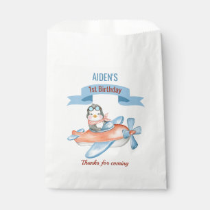 Cute Penguin Aeroplane Blue 1st Birthday Favour Bag