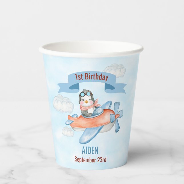 Cute Penguin Aeroplane Blue 1st Birthday Paper Cups (Front)