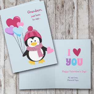 Cute Penguin and Balloons Grandson Valentine Holiday Card