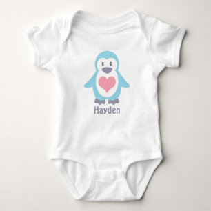 Cute Penguin and Pink Heart Personalised Baby Bodysuit