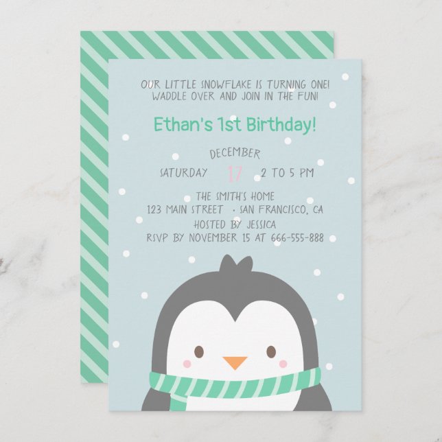 Cute Penguin and Scarf Birthday Party Invitations (Front/Back)