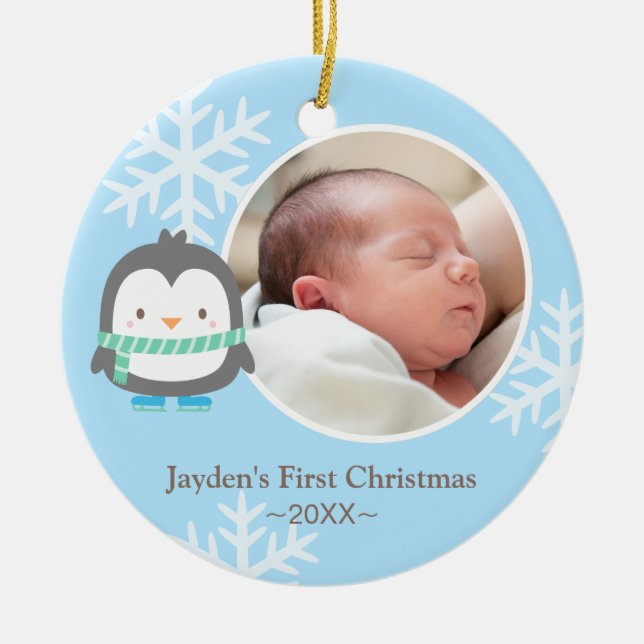 Cute Penguin and Snowflakes Baby Christmas Photo Ceramic Ornament (Front)