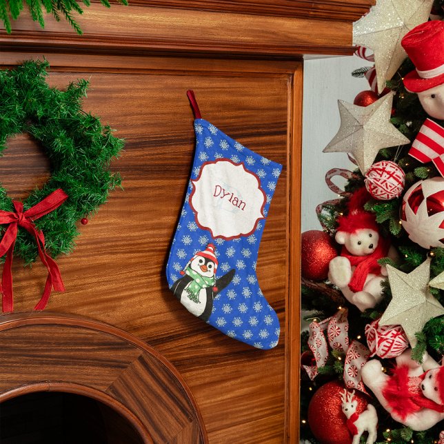 Cute Penguin and Snowflakes Monogrammed Stocking (Creator Uploaded)