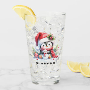 Cute Penguin and Snowman Custom Family Christmas Glass