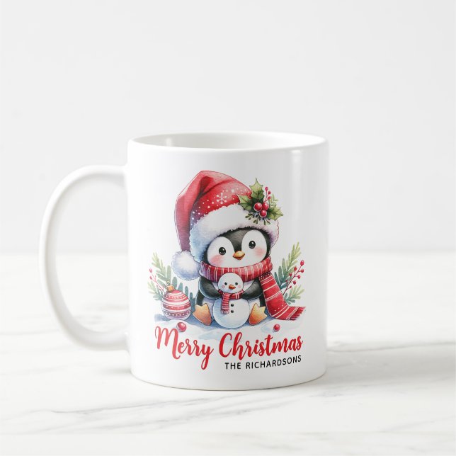 Cute Penguin and Snowman Merry Christmas Coffee Mug (Left)