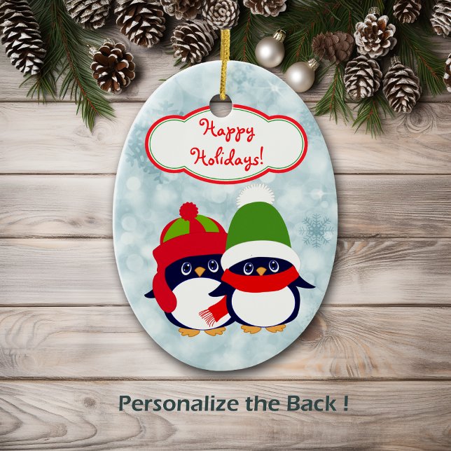 Cute Penguin Babies Blue Bokeh Ceramic Ornament (Creator Uploaded)