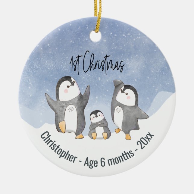 Cute Penguin Babies First Christmas Ceramic Ornament (Front)