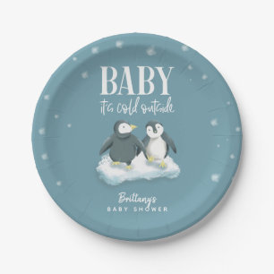 Cute Penguin Baby It's Cold Outside Blue Shower Paper Plate