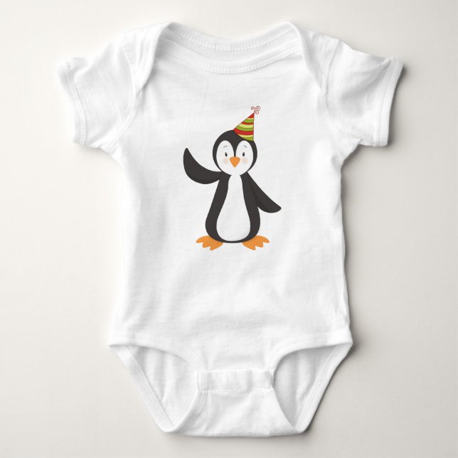 Cute Penguin, Baby Penguin, Penguin With Party Hat Baby Bodysuit (Front)