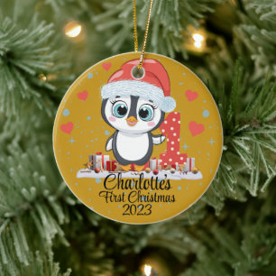 Cute Penguin Baby’s First Christmas Gold Ceramic Ornament