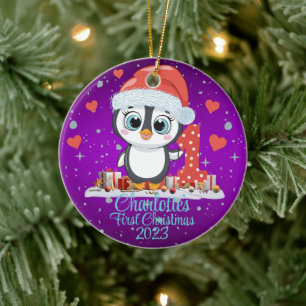 Cute Penguin Baby’s First Christmas Purple Ceramic Ornament